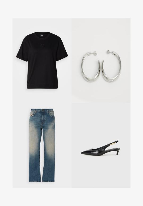 T-shirt de algodão preto com decote redondo, mangas curtas e um logótipo bordado no peito. Corte simples e descontraído, sem padrões.; Diesel Calças de ganga de corte relaxado - blue denim; Saltos slingback em couro preto com bico fino, apresentando um salto esguio e um detalhe em tom dourado na alça ajustável. Textura suave.; Pendentes de argola prateados com um design liso e curvado. Apresentam um acabamento metálico brilhante e fecho de pressão. Sem padrões ou detalhes visíveis.