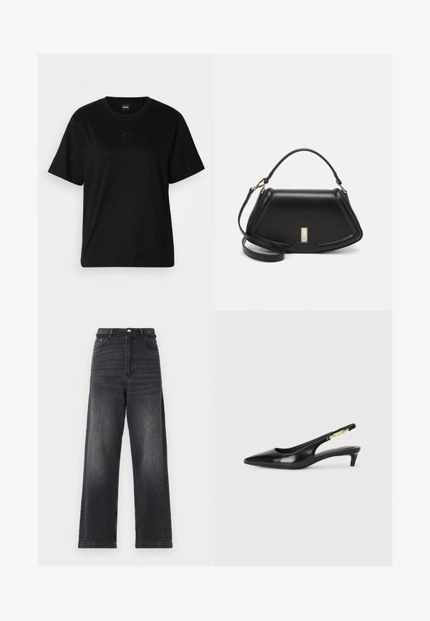 Črna bombažna majica s krožnim izrezom, kratkimi rokavi in izvezenim logotipom na prsih. Preprosta, sproščena silhueta brez vzorcev.; Črne široke kavbojke iz denima z visokim pasom, z gumbom za zapiranje, petimi žepi in rahlim zbledelostjo vzdolž nog.; Črne usnjene sandale na peto z ostro konico, ki imajo tanko peto in zlat ton na nastavljivem traku. Gladka tekstura.; Črna usnjena torbica s strukturnim dizajnom, ki ima skrajšano obliko, zgornji ročaj in zlate dodatke. Vključena je nastavljiva ramenska naramnica.