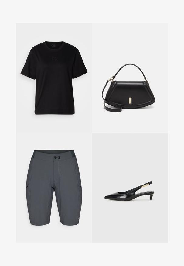 Czarny bawełniany t-shirt z okrągłym dekoltem, krótkimi rękawami i haftowanym logo na piersi. Prosty, luźny krój bez wzorów.; Ciemnoszare szorty z gładkiego, elastycznego materiału. Posiadają szeroki pas i dwa czarne guziki oraz skośne boczne kieszenie.; Czarne skórzane szpilki typu slingback z ostrym noskiem, posiadające smukły obcas i złoty akcent na regulowanym pasku. Gładka tekstura.; Czarna skórzana torebka o strukturalnym designie, z przyciętą formą, górnym uchwytem i złotymi akcentami. W zestawie regulowany pasek na ramię.