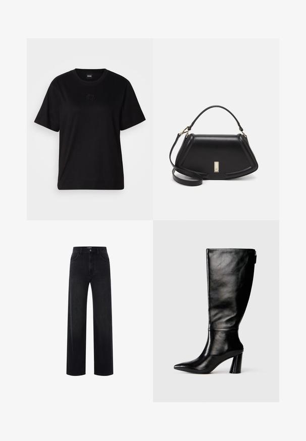 Musta puuvillapaita, jossa on pyöreä kaula-aukko, lyhyet hihat ja brodeerattu logo rinnassa. Yksinkertainen, rento istuvuus ilman kuvioita.; Mustat korkeavyötäröiset suorat farkut, joissa on etunappikiinnitys ja vetoketju, vyölenkit ja etutaskut.; Mustat nahkasaappaat, joissa on terävä kärki, sileä pinta ja paksu korko. Takana on vetoketjuyksityiskohta.; Mustalla nahkalaukulla, jossa on jämäkkä muotoilu, lyhyt malli, yläkahva ja kultaiset yksityiskohdat. Säädettävä olkahihna sisältyy.