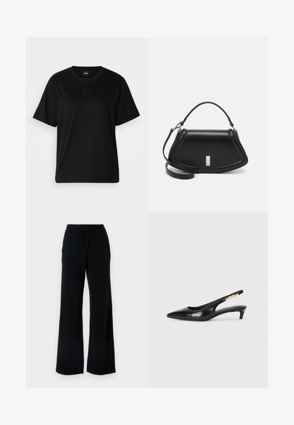 Zwarte katoenen t-shirt met een ronde hals, korte mouwen en een geborduurd logo op de borst. Eenvoudige, comfortabele pasvorm zonder patronen.; Zwarte wijde broek van zachte stof met een trekkoord in de taille. Heeft een gladde textuur en geen zichtbare patronen of accenten.; Zwarte leren slingback hakken met een spitse neus, voorzien van een slanke hak en een goudkleurige accent op de verstelbare band. Gladde textuur.; Zwarte leren handtas met een gestructureerd ontwerp, featuring een verkorte vorm, bovenhandvat en gouden hardwareaccent. Inclusief verstelbare schouderband.