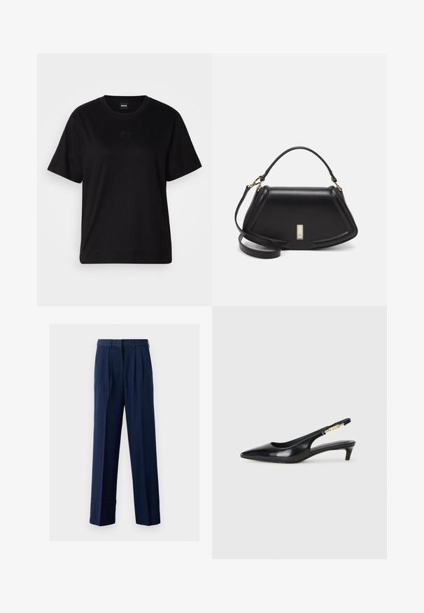Schwarzes Baumwoll-T-Shirt mit Rundhalsausschnitt, kurzen Ärmeln und aufgesticktem Logo auf der Brust. Einfacher, lässiger Schnitt ohne Muster.; Navyblaue, taillierte Hose mit Falten, gerader Beinlinie, aus leichtem Stoff. Verfügt über einen Bund mit Gürtelschlaufen.; Schwarze Leder-Slingback-Pumps mit spitzem Schuhblatt, ausgestattet mit einem schlanken Absatz und einem goldfarbigen Akzent am verstellbaren Riemen. Glatte Textur.; Schwarze Lederhandtasche mit einem strukturierten Design, das eine verkürzte Form, einen oberen Griff und goldfarbene Hardware-Details aufweist. Verstellbarer Schulterriemen ist enthalten.