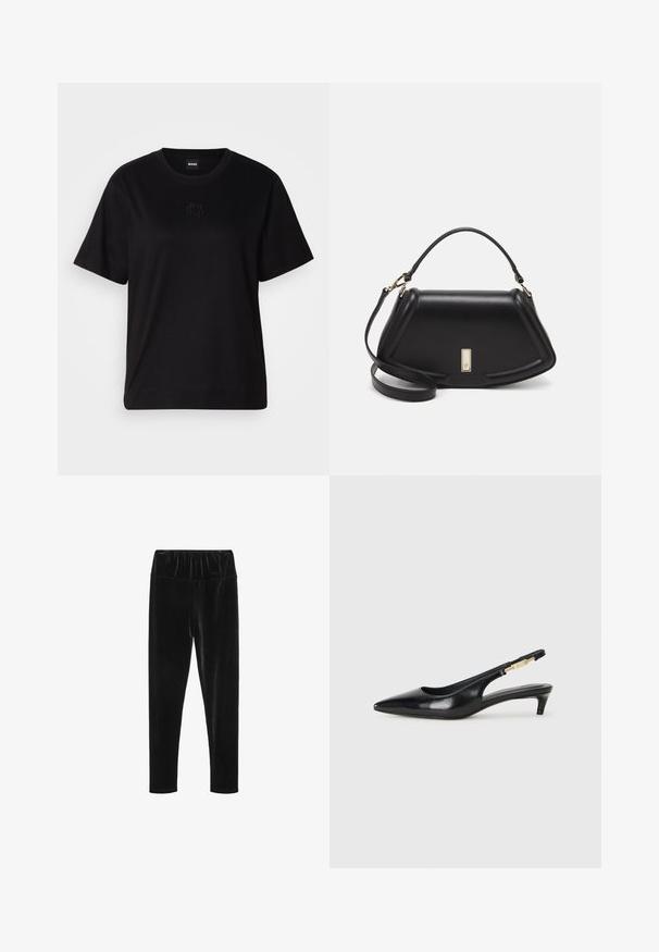 Musta puuvillapaita, jossa on pyöreä kaula-aukko, lyhyet hihat ja brodeerattu logo rinnassa. Yksinkertainen, rento istuvuus ilman kuvioita.; Mustat velour-leggingsit, joissa on joustava vyötärö ja sileä, kiiltävä pinta. Slim fit -malli, jossa on kapeat lahkeet.; Mustat nahkaiset slingback-korkokengät, joissa on terävä kärki, ohuet korot ja kultasävytteinen yksityiskohta säädettävässä hihnassa. Silkkinen pinta.; Mustalla nahkalaukulla, jossa on jämäkkä muotoilu, lyhyt malli, yläkahva ja kultaiset yksityiskohdat. Säädettävä olkahihna sisältyy.