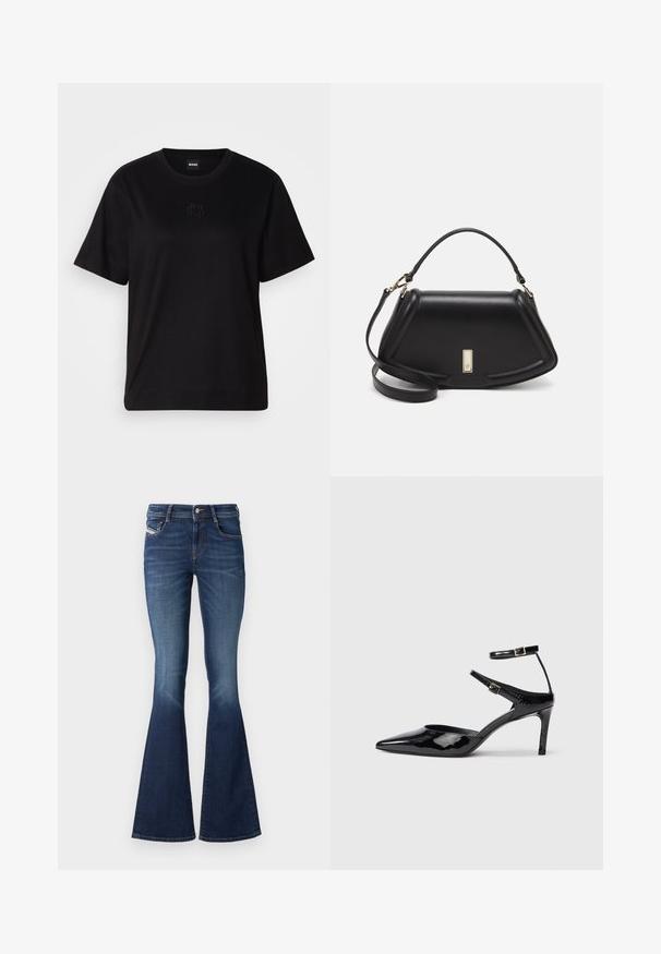 Black cotton t-shirt with a crew neckline, short sleeves, and an embroidered logo on the chest. Simple, relaxed fit with no patterns.; Dark wash flared jeans with a mid-rise waist, featuring a classic five-pocket design and subtle fading on the thighs.; Black patent leather heels with a pointed toe, adjustable ankle straps, and a slender heel. Smooth texture with a shiny finish.; Black leather handbag with a structured design, featuring a cropped shape, top handle, and gold hardware accent. Adjustable shoulder strap included.