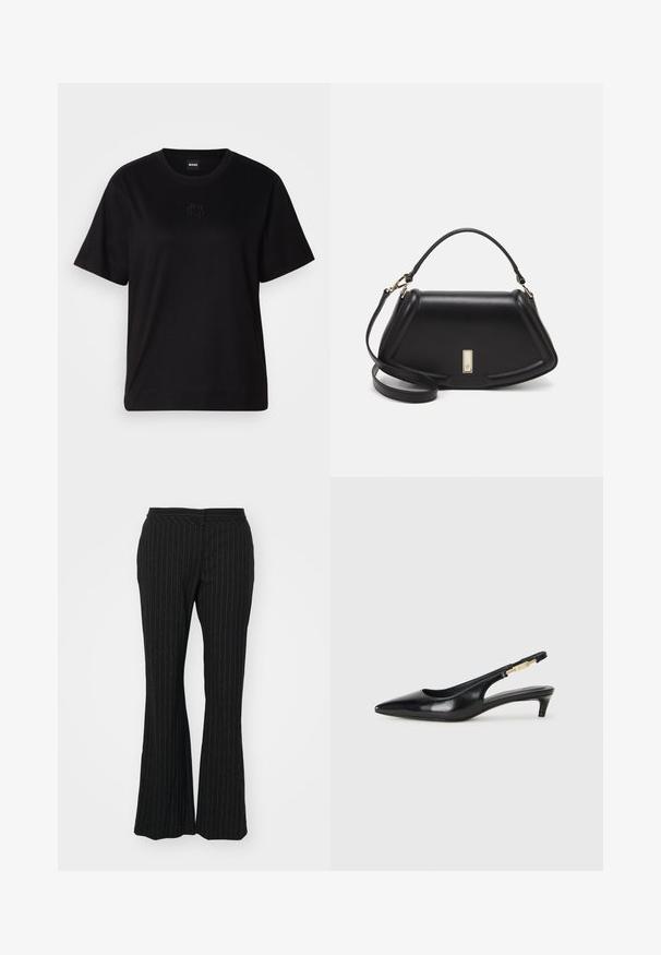 Svart bomullströja med rund halsringning, korta ärmar och en broderad logotyp på bröstet. Enkel, avslappnad passform utan mönster.; Svarta utsvängda byxor med pinstripes, med en slät textur och midjehöjd, designade med en skräddarsydd passform och subtil lyster.; Svart läder slingback-hälar med spetsig tå, med en smal klack och en guldtonad detalj på den justerbara remmen. Slät textur.; Svart läderhandväska med en strukturerad design, som har en avskuren form, ett handtag upptill och guldiga detaljer. Justerbar axelrem ingår.