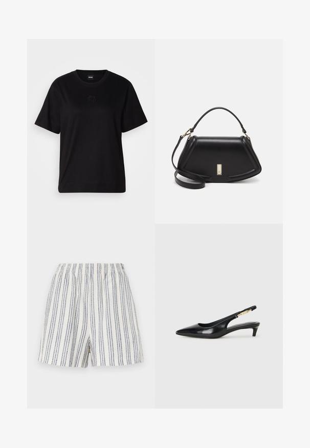 Čierne bavlnené tričko s okrúhlym výstrihom, krátkymi rukávmi a vyšívaným logom na hrudi. Jednoduchý, voľný strih bez vzorov.; Pruhované šortky vyrobené z ľahkej tkaniny, s vertikálnymi modro-bielymi pruhmi, elastickým pásom a voľným strihom.; Čierne kožené slingback opätky s špicatou špičkou, s úzkym opätkom a zlatým detailom na nastaviteľnom remienku. Hladká textúra.; Čierna kožená kabelka so štruktúrovaným dizajnom, s krátkym tvarom, hornou rúčkou a zlatými prvkami. Súčasťou je nastaviteľný ramenný popruh.