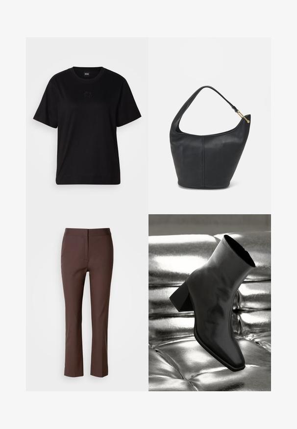 Black cotton t-shirt with a crew neckline, short sleeves, and an embroidered logo on the chest. Simple, relaxed fit with no patterns.; Brown tailored pants with a slim fit, featuring a flat front, subtle side pockets, and a smooth, slightly stretchy fabric.; Black ankle boot made of glossy material with a square toe and tapered heel, set against a shiny silver tufted background.; Black leather handbag with a rounded shape, a wide strap, and a textured finish. Features a subtle seam detail and a gold-tone hardware accent.