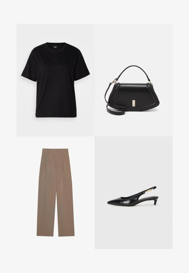 T-shirt en coton noir avec un col rond, des manches courtes et un logo brodé sur la poitrine. Coupe simple et décontractée sans motifs.; Pantalons plissés marron avec une coupe large, dotés d'une taille plate et de poches latérales, fabriqués à partir d'un tissu léger.; Talons hauts en cuir noir avec un bout pointu, dotés d'un talon fin et d'un accent en ton or sur la lanière réglable. Texture lisse.; Sac à main en cuir noir avec un design structuré, featuring une forme cropped, une poignée supérieure et des accents en matériel doré. Bandoulière réglable incluse.