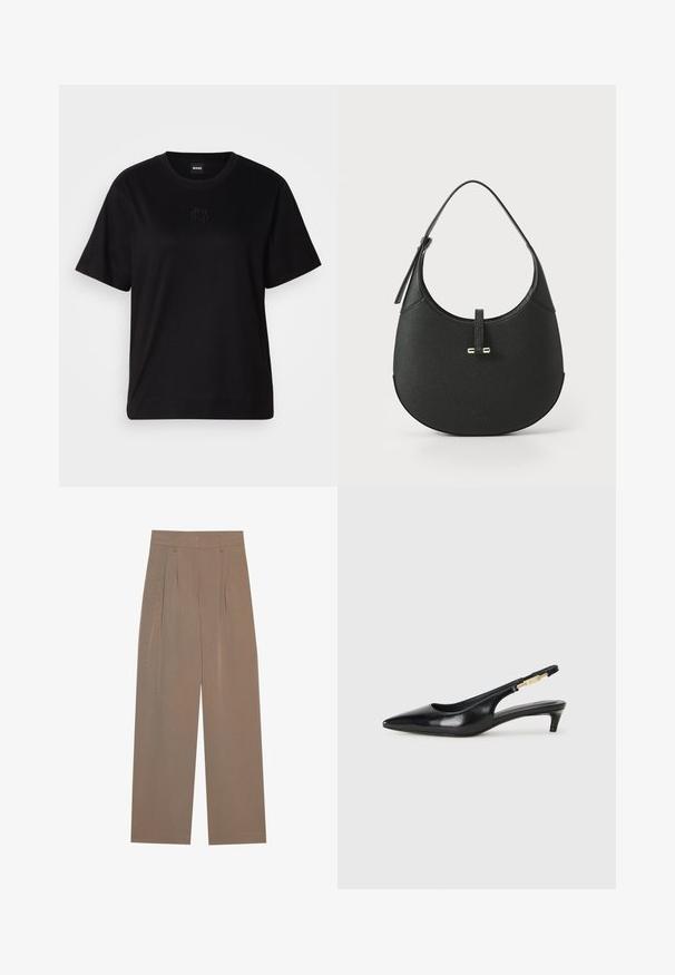 Svart bomull T-skjorte med rund hals, korte ermer og et brodert logo på brystet. Enkel, avslappet passform uten mønstre.; Brune plis bukser med en vid ben design, med en flad talje og sidelommer, lavet af et letvægtsstof.; Sorte lærreim hæler med spiss tå, som har en slank hæl og en gullfarget detalj på den justerbare stroppen. Glatt tekstur.; Svart skinn skulderveske med en avrundet silhuett, prydet med gullfarget maskinvare og en teksturert overflate.