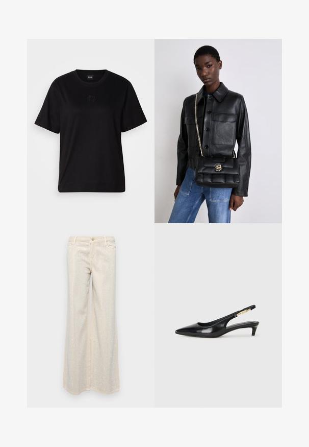Black cotton t-shirt with a crew neckline, short sleeves, and an embroidered logo on the chest. Simple, relaxed fit with no patterns.; Beige wide-leg pants with a smooth texture featuring metallic silver sequins arranged in a pattern across the front and back.; Black leather slingback heels with a pointed toe, featuring a slim heel and a gold-tone accent on the adjustable strap. Smooth texture.; Black leather jacket with button closure and two front pockets, paired with a black quilted handbag featuring a gold clasp and chain strap.