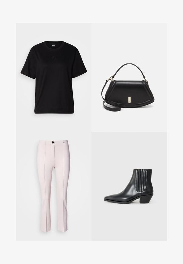 Črna bombažna majica s krožnim izrezom, kratkimi rokavi in izvezenim logotipom na prsih. Preprosta, sproščena silhueta brez vzorcev.; Roza prirejena hlače z rahlim razširitvijo, ki imajo sprednji gumb, dva navpična šiva in gladko teksturo.; Črne usnjene gležnjarje s koničastim nosom, elastičnimi stranskimi paneli z navpičnimi utori in nizko blokasto peto. Gladka tekstura in eleganten dizajn.; Črna usnjena torbica s strukturnim dizajnom, ki ima skrajšano obliko, zgornji ročaj in zlate dodatke. Vključena je nastavljiva ramenska naramnica.