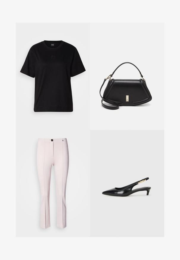 Black cotton t-shirt with a crew neckline, short sleeves, and an embroidered logo on the chest. Simple, relaxed fit with no patterns.; Pink tailored pants with a slight flare, featuring a front button closure, two vertical seams, and smooth texture.; Black leather slingback heels with a pointed toe, featuring a slim heel and a gold-tone accent on the adjustable strap. Smooth texture.; Black leather handbag with a structured design, featuring a cropped shape, top handle, and gold hardware accent. Adjustable shoulder strap included.