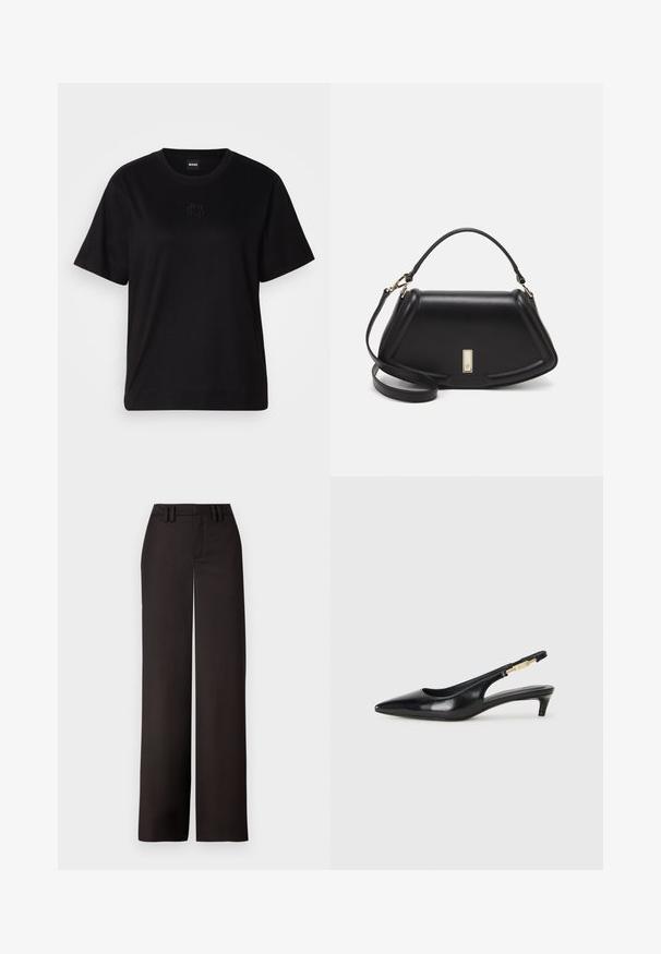 Zwarte katoenen t-shirt met een ronde hals, korte mouwen en een geborduurd logo op de borst. Eenvoudige, comfortabele pasvorm zonder patronen.; Zwarte wijde broekspijpen met een vlakke voorkant, riemlussen en een gladde textuur, ontworpen voor een getailleerde pasvorm. Geen zichtbare hardware of patronen.; Zwarte leren slingback hakken met een spitse neus, voorzien van een slanke hak en een goudkleurige accent op de verstelbare band. Gladde textuur.; Zwarte leren handtas met een gestructureerd ontwerp, featuring een verkorte vorm, bovenhandvat en gouden hardwareaccent. Inclusief verstelbare schouderband.