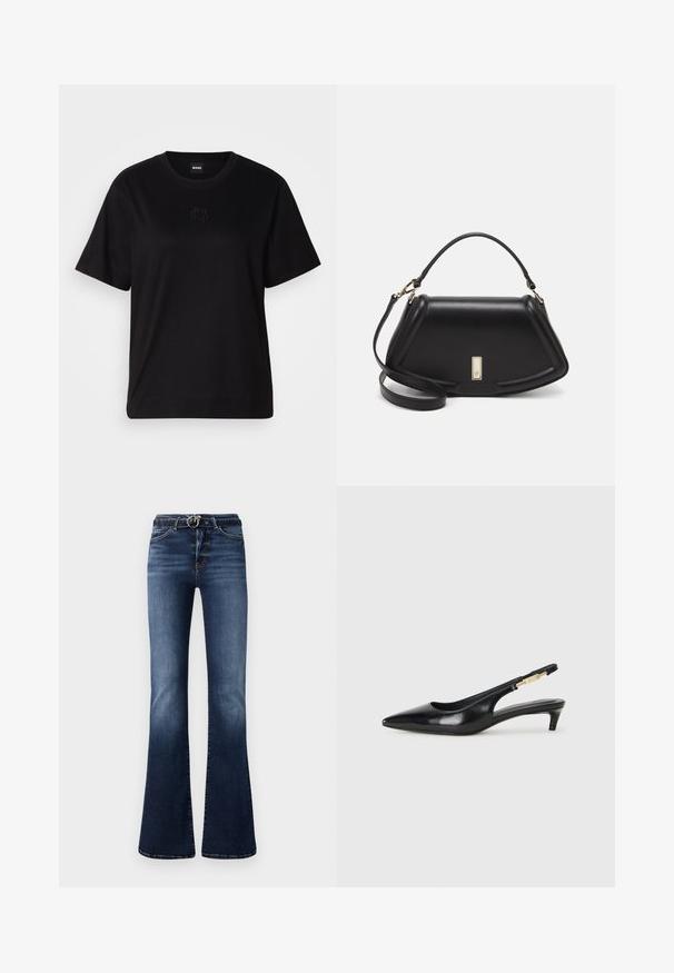 Black cotton t-shirt with a crew neckline, short sleeves, and an embroidered logo on the chest. Simple, relaxed fit with no patterns.; Dark blue flared jeans with a faded texture, featuring a high waist, silver hardware at the belt loop, and front pockets.; Black leather slingback heels with a pointed toe, featuring a slim heel and a gold-tone accent on the adjustable strap. Smooth texture.; Black leather handbag with a structured design, featuring a cropped shape, top handle, and gold hardware accent. Adjustable shoulder strap included.