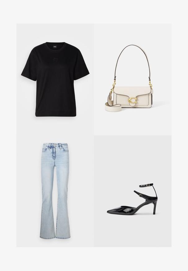 Fekete pamut póló kerek nyakkivágással, rövid ujjakkal és hímzett logóval a mellkasán. Egyszerű, laza szabás, minta nélkül.; Világoskék, harangszárú farmernadrág, magas derekú, öt zsebes kialakítással, elülső és hátsó varrások mentén finoman kopott hatással.; Fekete lakkbőr magassarkú cipők hegyes orral, állítható bokapánttal és vékony sarokkal. Simább textúra fényes kivitelben.; Krém színű bőrtáska strukturált kivitelben, kontrasztos fekete élekkel, arany hardware-rel, és egy levehető pánttal, amelyen a jellegzetes logó található.