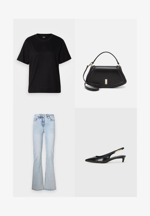 Maglietta in cotone nera con scollatura tonda, maniche corte e logo ricamato sul petto. Design semplice e vestibilità rilassata senza motivi.; Jeans a zampa d'elefante in denim di colore blu chiaro, caratterizzati da vita alta, design a cinque tasche e un leggero sbiadimento lungo le cuciture anteriori e posteriori.; Tacchi slingback in pelle nera con punta affusolata, caratterizzati da un tacco alto e un accento dorato sulla cinghia regolabile. Texture liscia.; Borsa a mano in pelle nera con un design strutturato, caratterizzata da una forma corta, manico superiore e accessori in metallo dorato. Inclusa tracolla regolabile.
