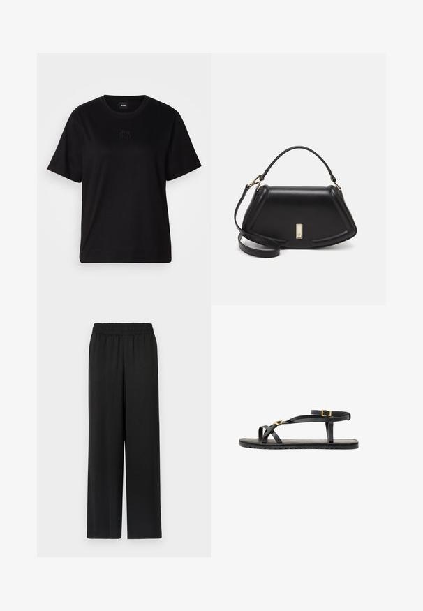Camiseta de algodón negra con cuello redondo, mangas cortas y un logo bordado en el pecho. Ajuste simple y relajado sin patrones.; Pantalones negros de pierna ancha con cinturilla elástica, hechos de una tela suave y ligera. Presenta un corte recto y sin patrones visibles.; Sandalias de cuero negro con tiras delgadas y una correa de tobillo con hebilla. Suela plana con un acabado texturizado y borde en zigzag. Diseño minimalista.; Bolso de mano de cuero negro con un diseño estructurado, que presenta una forma recortada, asa superior y acentos en dorado. Correa de hombro ajustable incluida.