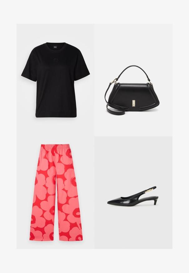 Black cotton t-shirt with a crew neckline, short sleeves, and an embroidered logo on the chest. Simple, relaxed fit with no patterns.; Marimekko VOIMAKUKKA UNIKKO - Trousers - red/pink; Black leather slingback heels with a pointed toe, featuring a slim heel and a gold-tone accent on the adjustable strap. Smooth texture.; Black leather handbag with a structured design, featuring a cropped shape, top handle, and gold hardware accent. Adjustable shoulder strap included.