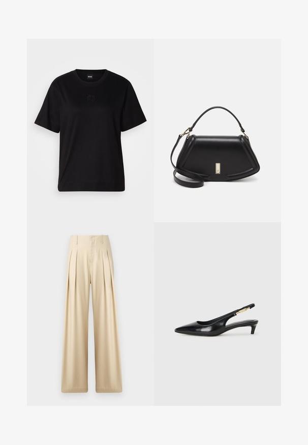 Czarny bawełniany t-shirt z okrągłym dekoltem, krótkimi rękawami i haftowanym logo na piersi. Prosty, luźny krój bez wzorów.; Beżowe spodnie w szerokim kroju wykonane z gładkiego materiału. Posiadają ostre plisy, wysoki stan oraz subtelne detale przeszyć dla eleganckiego wyglądu.; Czarne skórzane szpilki typu slingback z ostrym noskiem, posiadające smukły obcas i złoty akcent na regulowanym pasku. Gładka tekstura.; Czarna skórzana torebka o strukturalnym designie, z przyciętą formą, górnym uchwytem i złotymi akcentami. W zestawie regulowany pasek na ramię.
