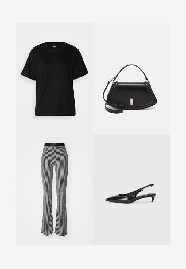 Black cotton t-shirt with a crew neckline, short sleeves, and an embroidered logo on the chest. Simple, relaxed fit with no patterns.; Knitted flared pants in black and white, featuring vertical stripes, a fitted waistband, and textured fabric with a slight sheen.; Black leather slingback heels with a pointed toe, featuring a slim heel and a gold-tone accent on the adjustable strap. Smooth texture.; Black leather handbag with a structured design, featuring a cropped shape, top handle, and gold hardware accent. Adjustable shoulder strap included.
