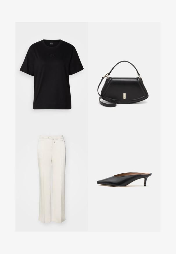 Black cotton t-shirt with a crew neckline, short sleeves, and an embroidered logo on the chest. Simple, relaxed fit with no patterns.; Light beige wide-leg trousers with an elastic waistband and drawstring. Made from a textured fabric with front pleats and a relaxed fit.; Black leather mules with a pointed toe and low, block heel. Smooth texture with a sleek design. Open back with minimal detailing.; Black leather handbag with a structured design, featuring a cropped shape, top handle, and gold hardware accent. Adjustable shoulder strap included.