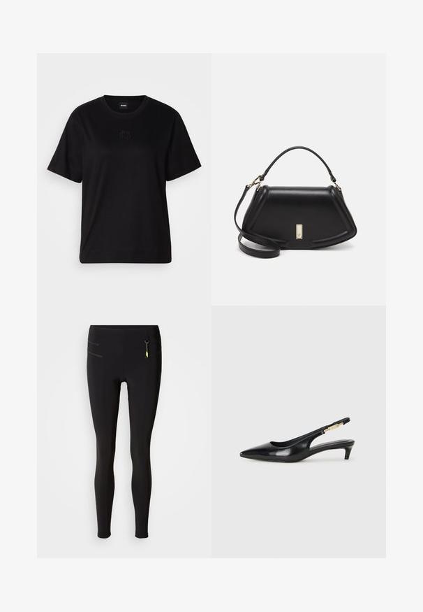 T-shirt en coton noir avec un col rond, des manches courtes et un logo brodé sur la poitrine. Coupe simple et décontractée sans motifs.; Leggings noirs en matière élastique, avec une taille haute, des poches zippées avec des accents jaunes et une texture douce.; Talons hauts en cuir noir avec un bout pointu, dotés d'un talon fin et d'un accent en ton or sur la lanière réglable. Texture lisse.; Sac à main en cuir noir avec un design structuré, featuring une forme cropped, une poignée supérieure et des accents en matériel doré. Bandoulière réglable incluse.