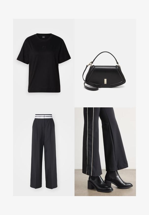 Black cotton t-shirt with a crew neckline, short sleeves, and an embroidered logo on the chest. Simple, relaxed fit with no patterns.; Black wide-leg trousers with a flat front, two pleats, and an elastic waistband featuring a white and black striped detail.; Black leather ankle boots with a block heel, featuring elastic side panels. Paired with black pants that have a white side stripe.; Black leather handbag with a structured design, featuring a cropped shape, top handle, and gold hardware accent. Adjustable shoulder strap included.