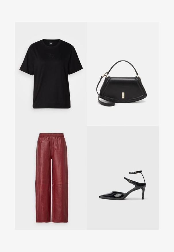 Zwarte katoenen t-shirt met een ronde hals, korte mouwen en een geborduurd logo op de borst. Eenvoudige, comfortabele pasvorm zonder patronen.; Rode leren broek met wijde pijpen, een elastische tailleband en een gladde textuur. Heeft zichtbare naden en een relaxte pasvorm.; Zwarte laarzen van gepatenteerd leer met een spitse neus, verstelbare enkelbandjes en een slanke hak. Gladde textuur met een glanzende afwerking.; Zwarte leren handtas met een gestructureerd ontwerp, featuring een verkorte vorm, bovenhandvat en gouden hardwareaccent. Inclusief verstelbare schouderband.