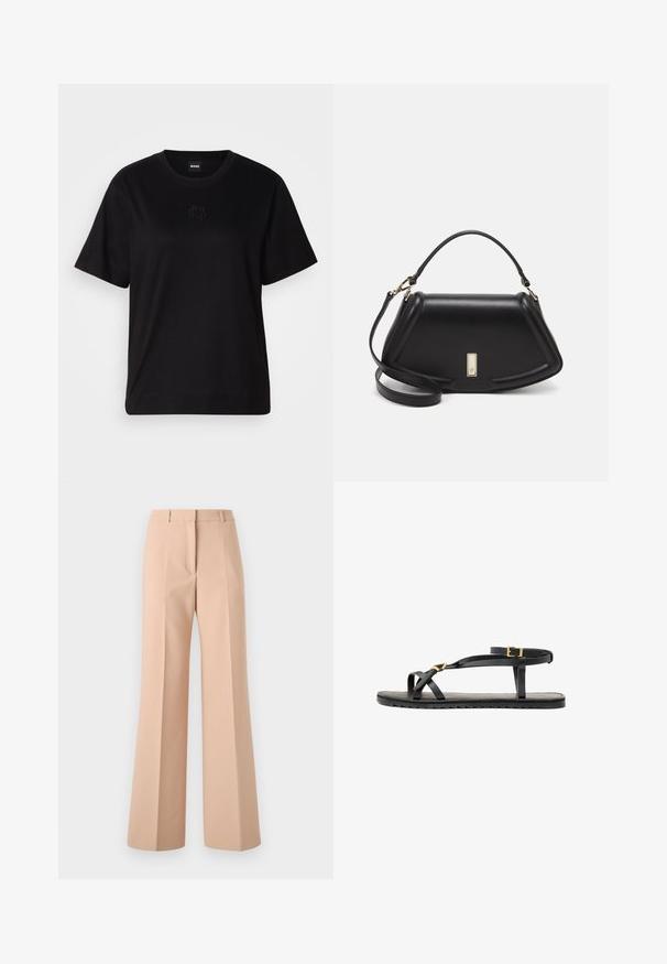 Černé bavlněné tričko s kulatým výstřihem, krátkými rukávy a vyšitým logem na hrudi. Jednoduchý, volný střih bez vzorů.; Béžové kalhoty s vysokým pasem a širokým střihem. Vyrobené z hladké tkaniny, s předními sklady a čistým pasem.; Černé kožené sandály s tenkými popruhy a přezkou kolem kotníku. Plná podrážka s texturovaným povrchem a cik-cak okrajem. Minimalistický design.; Černá kožená kabelka se strukturovaným designem, jejíž tvar je zkrácený, má horní rukojeť a zlaté kovové detaily. Součástí je i nastavitelný ramenní popruh.