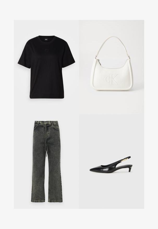 Mustmust särk, millel on ümar kaelus, lühikesed varrukad ja tindiga tikitud logo rinnal. Lihtne, mugav lõige ilma mustriteta.; Mustadest denimist püksid sirge lõikega, millel on kergelt kulunud tekstuur, nööpkinnitamine ja eesmistel taskutel.; Mustad nahast slingback kontsad terava ninaga, millel on õhuke konts ja kuldse tooni aktsent reguleeritaval rihmal. Sile tekstuur.; Valge nahast käekott, millel on kumer kuju, esiküljel on reljeefne "CK" logo ja üks õlavarre rihm. Ülemine tõmblukkuu.