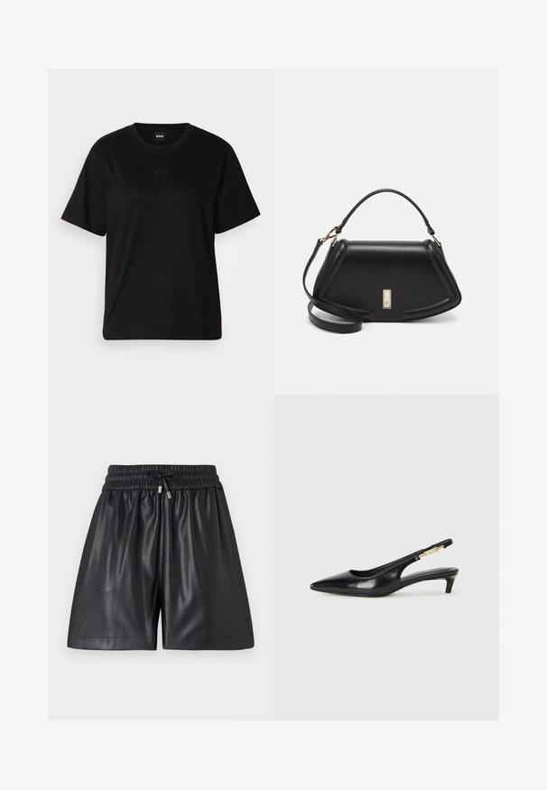 Black cotton t-shirt with a crew neckline, short sleeves, and an embroidered logo on the chest. Simple, relaxed fit with no patterns.; Black leather shorts with an elastic waistband and drawstring. Features a smooth texture and a relaxed fit, ending above the knee.; Black leather slingback heels with a pointed toe, featuring a slim heel and a gold-tone accent on the adjustable strap. Smooth texture.; Black leather handbag with a structured design, featuring a cropped shape, top handle, and gold hardware accent. Adjustable shoulder strap included.