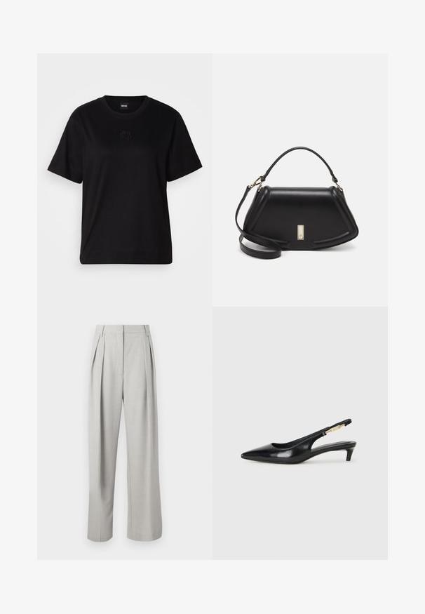 Black cotton t-shirt with a crew neckline, short sleeves, and an embroidered logo on the chest. Simple, relaxed fit with no patterns.; Light gray pleated trousers with a high waist, wide leg design, smooth texture, and no visible hardware or patterns.; Black leather slingback heels with a pointed toe, featuring a slim heel and a gold-tone accent on the adjustable strap. Smooth texture.; Black leather handbag with a structured design, featuring a cropped shape, top handle, and gold hardware accent. Adjustable shoulder strap included.