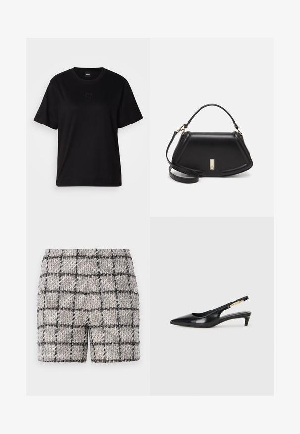 Čierne bavlnené tričko s okrúhlym výstrihom, krátkymi rukávmi a vyšívaným logom na hrudi. Jednoduchý, voľný strih bez vzorov.; Tweedové šortky v neutrálnej farbe s čierno-bielym károvaným vzorom. Majú dekoratívne gombíky na prednej strane. Textúrovaná tkanina.; Čierne kožené slingback opätky s špicatou špičkou, s úzkym opätkom a zlatým detailom na nastaviteľnom remienku. Hladká textúra.; Čierna kožená kabelka so štruktúrovaným dizajnom, s krátkym tvarom, hornou rúčkou a zlatými prvkami. Súčasťou je nastaviteľný ramenný popruh.
