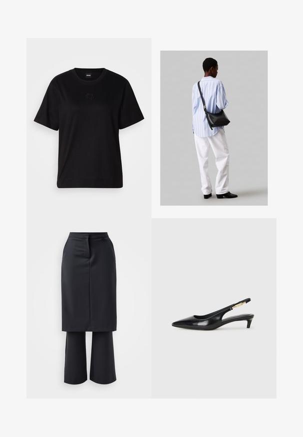 Μαύρο βαμβακερό μπλουζάκι με στρογγυλή λαιμόκοψη, κοντά μανίκια και κεντημένο λογότυπο στο στήθος. Απλή, χαλαρή γραμμή χωρίς σχέδια.; Μαύρη φουστάνι με πιέτες μπροστά, που διαθέτει σταθερό παντελόνι σε φαρδιά γραμμή από κάτω. Λείος υφασμάτινος σχεδιασμός με μινιμαλιστική αισθητική και κουμπί στο πλάι.; Μαύρες δερμάτινες γόβες slingback με μυτερή μύτη, διαθέτοντας λεπτό τακούνι και χρυσή λεπτομέρεια στην ρυθμιζόμενη λωρίδα. Λείος υφές.; Μαύρη δερμάτινη τσάντα ώμου με απαλή υφή, τριγωνικό σχήμα και ρυθμιζόμενο λουρί, συνδυασμένη με ένα ανοιχτό μπλε ριγέ πουκάμισο και λευκό παντελόνι.