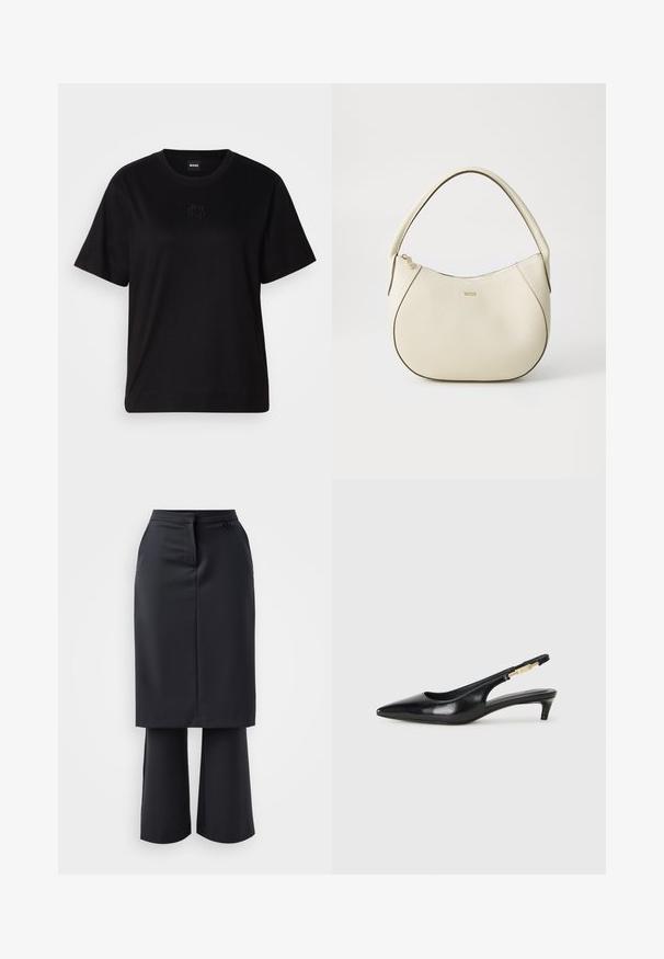 Črna bombažna majica s krožnim izrezom, kratkimi rokavi in izvezenim logotipom na prsih. Preprosta, sproščena silhueta brez vzorcev.; Črna krojena krila s sprednjimi naborki, ki vključujejo široke hlače spodaj. Gladka tekstura in minimalističen dizajn z stranskim gumbom.; Črne usnjene sandale na peto z ostro konico, ki imajo tanko peto in zlat ton na nastavljivem traku. Gladka tekstura.; Kremna torbica z teksturiranim zaključkom, ukrivljena oblika, kratek ročaj in detajl v zlatem tonu z logotipom. Zadrga na vrhu.