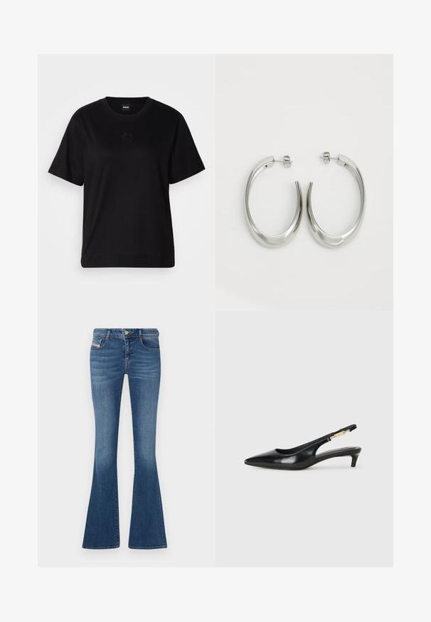 Črna bombažna majica s krožnim izrezom, kratkimi rokavi in izvezenim logotipom na prsih. Preprosta, sproščena silhueta brez vzorcev.; Modre flare jeans iz denima z visokim pasom, subtilno zasenčenje in zasnovo s petimi žepi. Imajo sprednje zapiranje na gumb in zadrgo.; Črne usnjene sandale na peto z ostro konico, ki imajo tanko peto in zlat ton na nastavljivem traku. Gladka tekstura.; Srebrni uhani v obliki obroča z gladkim, ukrivljenim oblikovanjem. Imajo sijajno kovinsko površino in zapiranje na žebljiček. Brez vidnih vzorcev ali dodatkov.