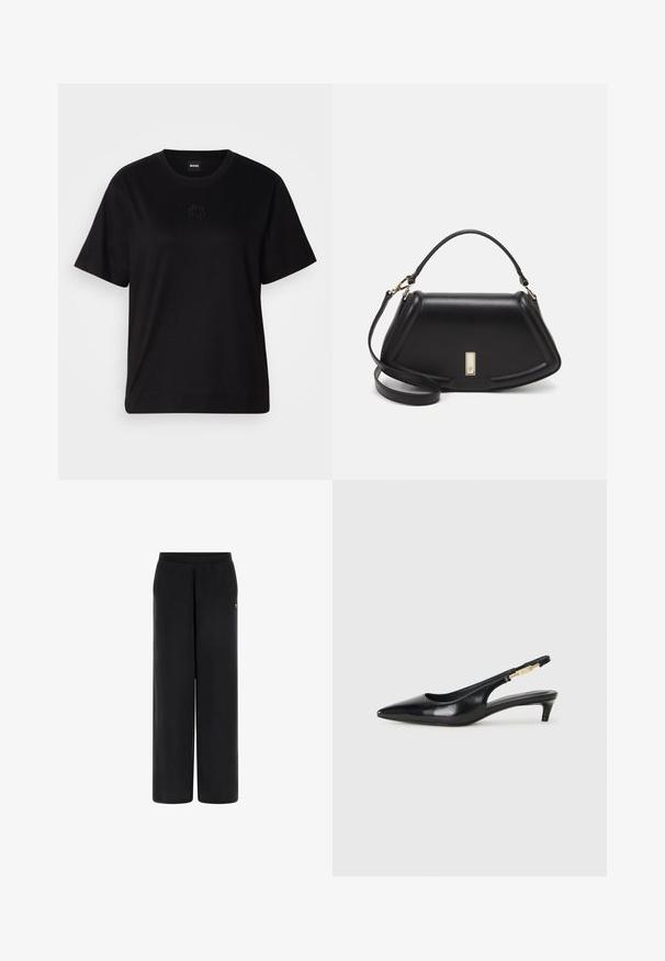 Zwarte katoenen t-shirt met een ronde hals, korte mouwen en een geborduurd logo op de borst. Eenvoudige, comfortabele pasvorm zonder patronen.; Zwarte wijde broek van zacht materiaal met een elastische tailleband. Kenmerkt zich door een klein logo-accent aan de linkerkant. Gladde textuur en een getailleerde vorm.; Zwarte leren slingback hakken met een spitse neus, voorzien van een slanke hak en een goudkleurige accent op de verstelbare band. Gladde textuur.; Zwarte leren handtas met een gestructureerd ontwerp, featuring een verkorte vorm, bovenhandvat en gouden hardwareaccent. Inclusief verstelbare schouderband.