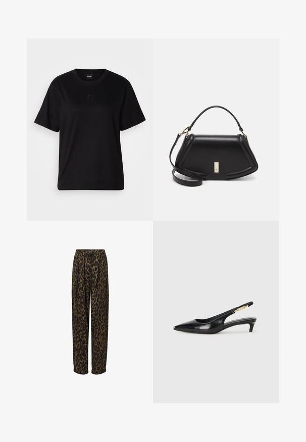 Crna pamučna majica s okruglim izrezom, kratkim rukavima i izvezenim logotipom na prsima. Jednostavan, opušten kroj bez uzorka.; Hlače s uzorkom leoparda, širokog kroja, izrađene od mekanog materijala. Imaju zatvaranje na dugme i nabran prednji dio.; Crne kožne sandale s petom, s izduženim vrhom, imaju usku petu i zlatni akcent na podesivoj traci. Glatka tekstura.; Crna kožna torba s strukturiranim dizajnom, s krojenim oblikom, gornjom drškom i zlatnim detaljima. Uključena je podesiva ramena traka.