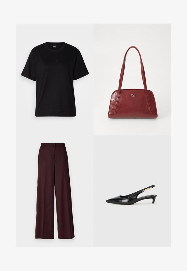 Čierne bavlnené tričko s okrúhlym výstrihom, krátkymi rukávmi a vyšívaným logom na hrudi. Jednoduchý, voľný strih bez vzorov.; Pinko BENEDETTI PANTALONE - Nohavice - bordeaux intenso; Čierne kožené slingback opätky s špicatou špičkou, s úzkym opätkom a zlatým detailom na nastaviteľnom remienku. Hladká textúra.; Červená prešívaná kabelka vyrobená z lesklého materiálu, s dvoma dlhými uchami a strieborným logom. Diagonálne šitie vytvára textúru.