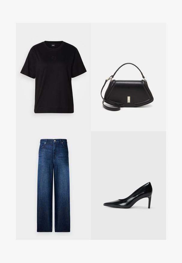 Czarny bawełniany t-shirt z okrągłym dekoltem, krótkimi rękawami i haftowanym logo na piersi. Prosty, luźny krój bez wzorów.; Szerokie, ciemnoniebieskie dżinsy wykonane z denimu. Posiadają zapięcie na guziki oraz tradycyjny pięciokieszeniowy fason z widocznym przeszyciem.; Czarna skórzana szpilka z ostrym noskiem, gładką fakturą i zwężającym się obcasem. Minimalistyczny design, bez dodatkowych zdobień.; Czarna skórzana torebka o strukturalnym designie, z przyciętą formą, górnym uchwytem i złotymi akcentami. W zestawie regulowany pasek na ramię.