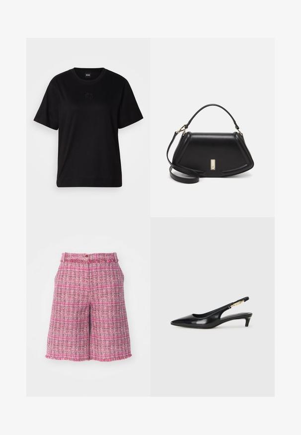 Svart bomull T-skjorte med rund hals, korte ermer og et brodert logo på brystet. Enkel, avslappet passform uten mønstre.; Rosa tweed-shorts med et strukturert mønster og frynset kant. Har en midje med knapplukking. Lett stoff, midt på låret lengde.; Sorte lærreim hæler med spiss tå, som har en slank hæl og en gullfarget detalj på den justerbare stroppen. Glatt tekstur.; Sort lærveske med en strukturert design, som har en avkortet form, topphåndtak og detaljer i gull. Justerbar skulderstropp inkludert.