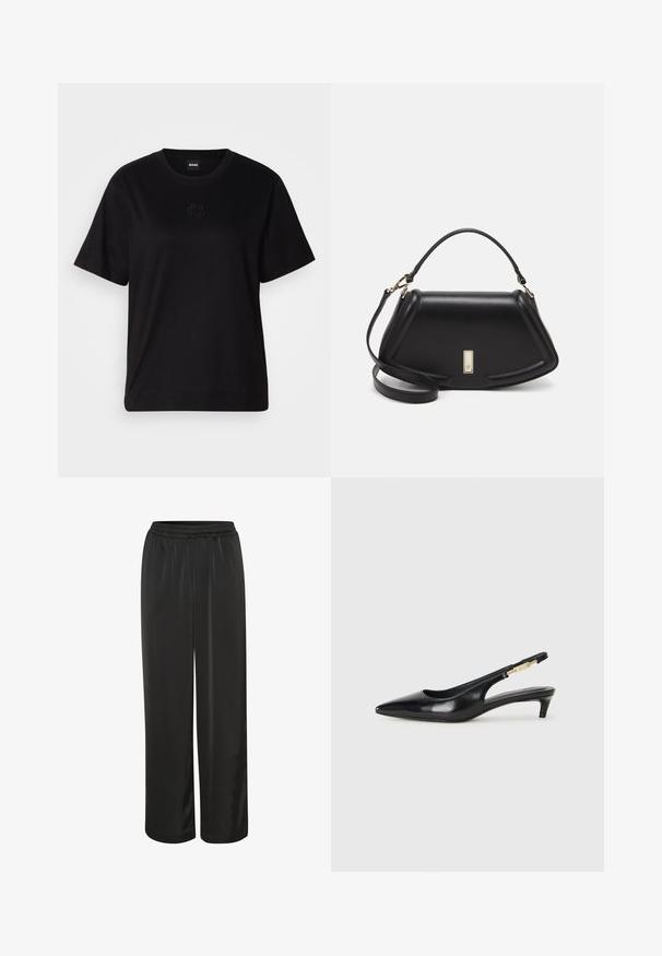 Black cotton t-shirt with a crew neckline, short sleeves, and an embroidered logo on the chest. Simple, relaxed fit with no patterns.; Black satin pants with a wide-leg design, elastic waistband, and smooth texture. They are ankle-length with no additional embellishments.; Black leather slingback heels with a pointed toe, featuring a slim heel and a gold-tone accent on the adjustable strap. Smooth texture.; Black leather handbag with a structured design, featuring a cropped shape, top handle, and gold hardware accent. Adjustable shoulder strap included.