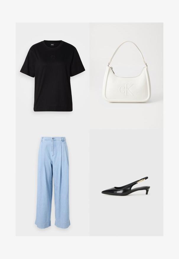 Mustmust särk, millel on ümar kaelus, lühikesed varrukad ja tindiga tikitud logo rinnal. Lihtne, mugav lõige ilma mustriteta.; Hele sinise denimi püksid, millel on püstised valged triibud, plekitud eesmine osa, laiad jalad ja üleskeeratud sääred. Tüüpiline teksapükste nööp ja lukku sulgemine.; Mustad nahast slingback kontsad terava ninaga, millel on õhuke konts ja kuldse tooni aktsent reguleeritaval rihmal. Sile tekstuur.; Valge nahast käekott, millel on kumer kuju, esiküljel on reljeefne "CK" logo ja üks õlavarre rihm. Ülemine tõmblukkuu.