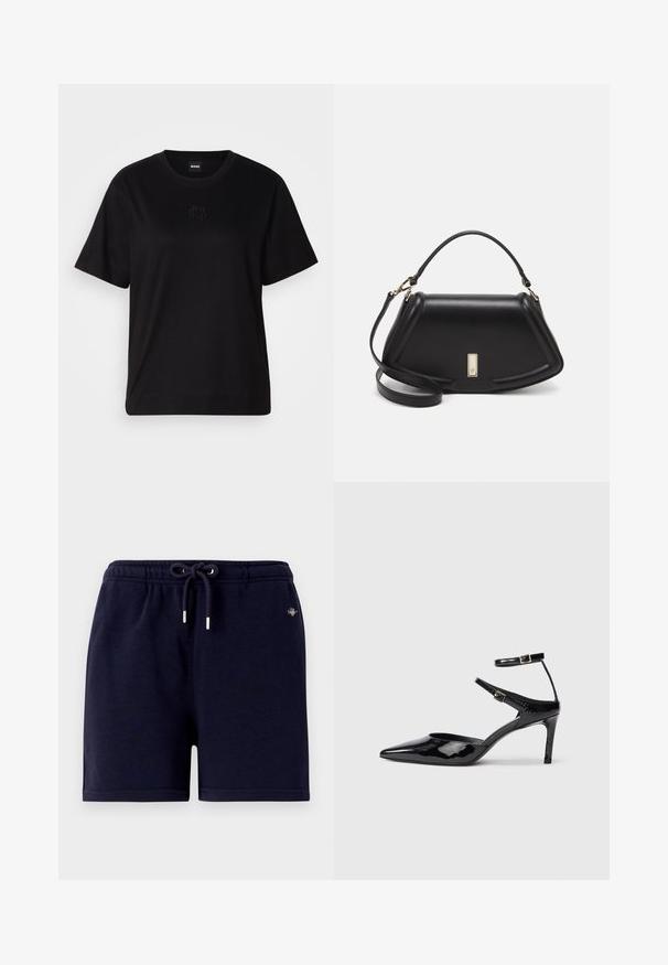 Black cotton t-shirt with a crew neckline, short sleeves, and an embroidered logo on the chest. Simple, relaxed fit with no patterns.; Navy blue cotton shorts with an elastic waistband, drawstring ties, and silver metal detailing. Simple design, no visible patterns.; Black patent leather heels with a pointed toe, adjustable ankle straps, and a slender heel. Smooth texture with a shiny finish.; Black leather handbag with a structured design, featuring a cropped shape, top handle, and gold hardware accent. Adjustable shoulder strap included.