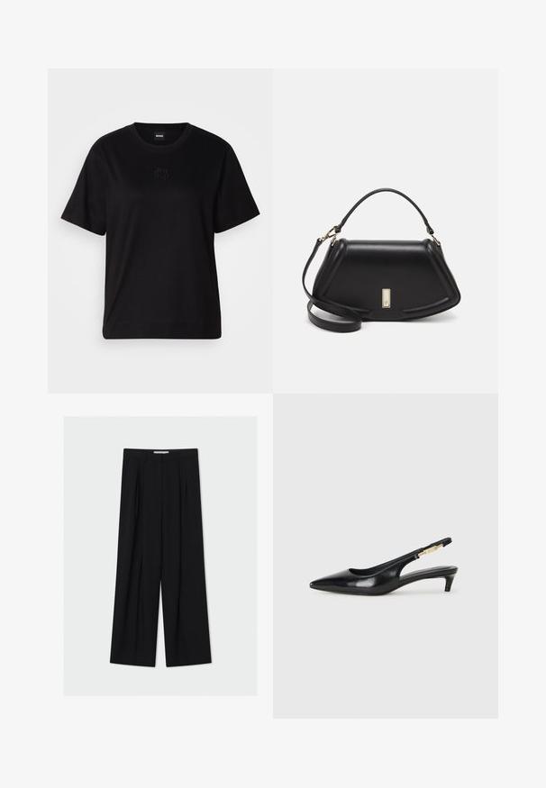 Musta puuvillapaita, jossa on pyöreä kaula-aukko, lyhyet hihat ja brodeerattu logo rinnassa. Yksinkertainen, rento istuvuus ilman kuvioita.; Mustat, leveälahkeiset housut, jotka on valmistettu sileästä kankaasta. Ominaisuuksiin kuuluvat korkea vyötärö, poimutetut etuosat ja nilkkapitkä leikkaus. Minimalistinen muotoilu.; Mustat nahkaiset slingback-korkokengät, joissa on terävä kärki, ohuet korot ja kultasävytteinen yksityiskohta säädettävässä hihnassa. Silkkinen pinta.; Mustalla nahkalaukulla, jossa on jämäkkä muotoilu, lyhyt malli, yläkahva ja kultaiset yksityiskohdat. Säädettävä olkahihna sisältyy.