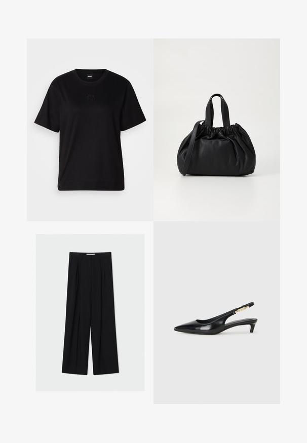 Schwarzes Baumwoll-T-Shirt mit Rundhalsausschnitt, kurzen Ärmeln und aufgesticktem Logo auf der Brust. Einfacher, lässiger Schnitt ohne Muster.; Schwarze weit geschnittene Hosen aus einem glatten Stoff. Mit einer hohen Taille, Falten an der Vorderseite und einem knöchellangen Schnitt. Minimalistisches Design.; Schwarze Leder-Slingback-Pumps mit spitzem Schuhblatt, ausgestattet mit einem schlanken Absatz und einem goldfarbigen Akzent am verstellbaren Riemen. Glatte Textur.; Schwarze Lederhandtasche mit einem gerafften Oberteil, ausgestattet mit zwei kurzen Griffen und einem langen verstellbaren Schulterriemen. Glatte Textur, runde Form.