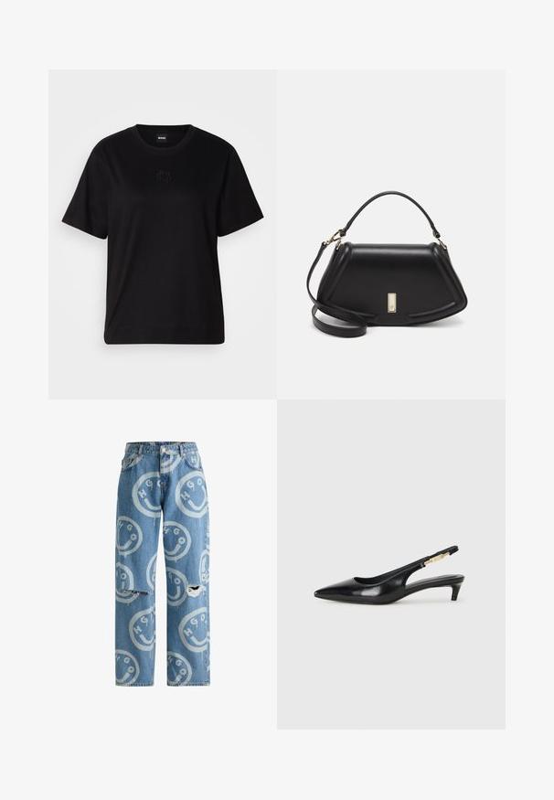 Mustmust särk, millel on ümar kaelus, lühikesed varrukad ja tindiga tikitud logo rinnal. Lihtne, mugav lõige ilma mustriteta.; Heledad sinine teksarihm, millel on lahtine lõige, korduv naerunäo ja logo motiiv, ning kulumisjäljed põlvade piirkonnas.; Mustad nahast slingback kontsad terava ninaga, millel on õhuke konts ja kuldse tooni aktsent reguleeritaval rihmal. Sile tekstuur.; Must mustrist käekott, millel on struktureeritud disain, lühendatud kuju, ülemine käepide ja kuldne metallist detail. Reguleeritav õlalihm on kaasas.