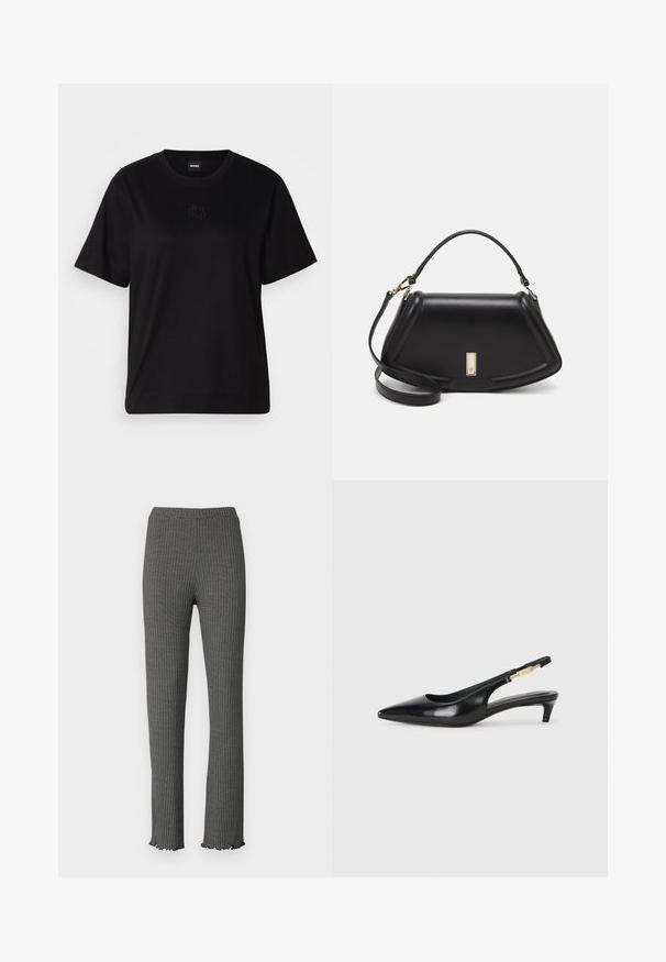 Čierne bavlnené tričko s okrúhlym výstrihom, krátkymi rukávmi a vyšívaným logom na hrudi. Jednoduchý, voľný strih bez vzorov.; Šedé rebrované pletené nohavice s priliehavým strihom, volánovým lemom a elastickým pásom. Obsahujú textúrovaný vzor po celom povrchu.; Čierne kožené slingback opätky s špicatou špičkou, s úzkym opätkom a zlatým detailom na nastaviteľnom remienku. Hladká textúra.; Čierna kožená kabelka so štruktúrovaným dizajnom, s krátkym tvarom, hornou rúčkou a zlatými prvkami. Súčasťou je nastaviteľný ramenný popruh.