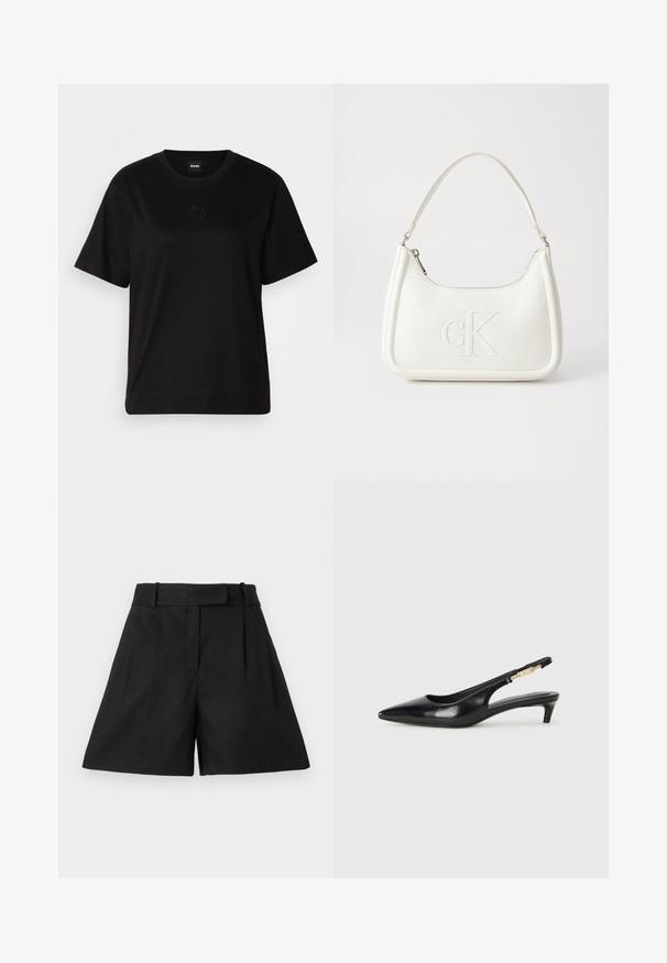 Svart bomull T-skjorte med rund hals, korte ermer og et brodert logo på brystet. Enkel, avslappet passform uten mønstre.; Svarte skreddersydde shorts med brede ben, med flat front, legg og en glatt tekstur. Designet med beltehemper i livet.; Sorte lærreim hæler med spiss tå, som har en slank hæl og en gullfarget detalj på den justerbare stroppen. Glatt tekstur.; Hvit lærveske med en buet fasong, med et preget "CK"-logo på forsiden og en enkel skulderstropp. Glidelåslukking på toppen.