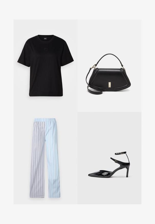 Svart bomull T-skjorte med rund hals, korte ermer og et brodert logo på brystet. Enkel, avslappet passform uten mønstre.; Lette, striped bukser med elastisk linning; har vekslende lyseblå og hvite striper med tynne grå detaljer.; Sorte lakkede hæle med spids tå, justerbare ankelstropper og en slank hæl. Glat tekstur med en skinnende overflade.; Sort lærveske med en strukturert design, som har en avkortet form, topphåndtak og detaljer i gull. Justerbar skulderstropp inkludert.